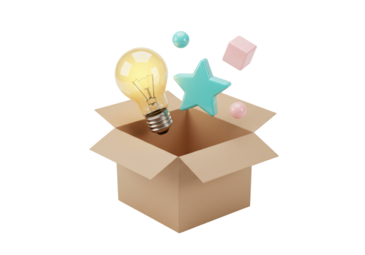 Light bulb and star coming out of a box isolated PNG, creative thinking and innovation concept for business and marketing