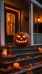 glowing jack o lantern pumpkin on front porch steps with candles and autumn leaves for halloween decoration