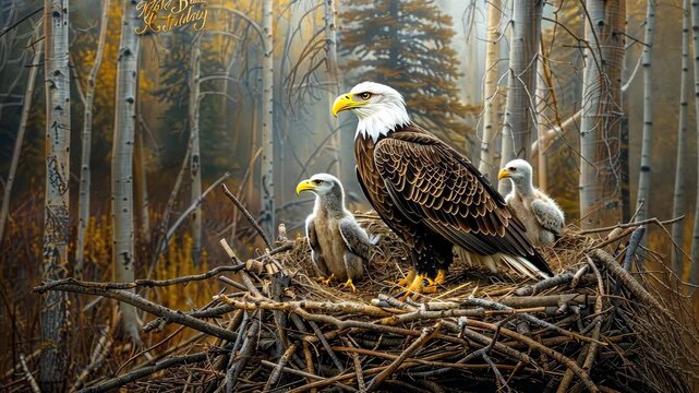 A majestic bald eagle stands protectively over its three eaglets nestled in a cozy nest amidst vibrant autumn foliage