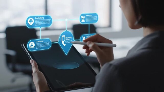 Marketing strategist designing a customer journey automation workflow with an AI agent. Sales funnel and technology concept.