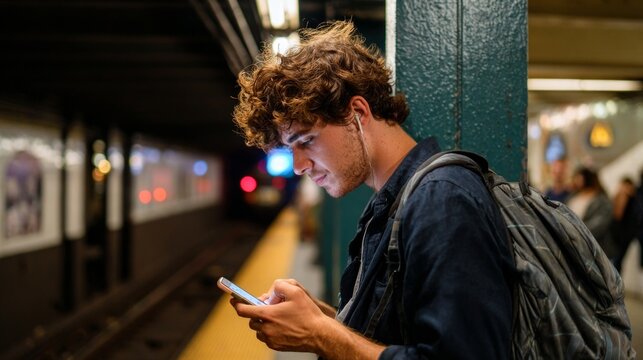 Man using cell phone at subway station.