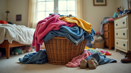 Clothes Pile in Woven Basket