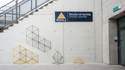 Geometric prisms and educational signage on a modern concrete wall