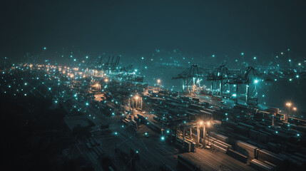 Double exposure of Twilight view of Container truck in ship port for business Logistics and transportation of Container Cargo ship and Cargo plane with working crane bridge with Earth and world map