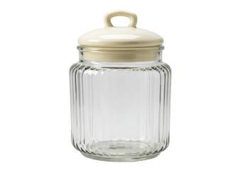 Empty glass storage jar with ceramic lid isolated on transparent background, vintage style container for kitchen pantry organization