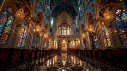 Fototapeta premium Stunning interior shot of a grand historic cathedral with intricate stained glass high vaulted ceilings ornate chandeliers and polished marble floors