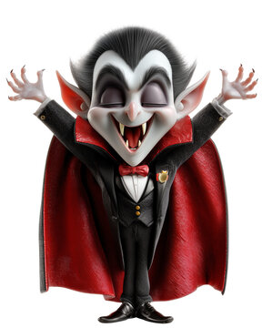 Funny Dracula cutout with Cartoon-style Count Dracula 3D render with exaggerated ears and widow's peak in red lined cape, funny Halloween Dracula character with smug expression,PNG die-cut for product