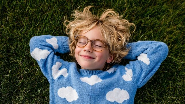 A young child wearing glasses and a blue sweater, lying on grass with arms behind head, smiling contentedly.