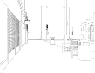 A black and white contour drawing of a town street features buildings, traffic signals, benches, and dustbins.