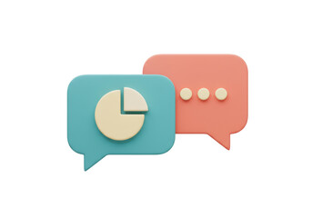 3D render of two speech bubbles isolated PNG, one with pie chart and the other with ellipsis, communication concept on transparent background