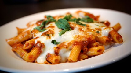 Delicious penne pasta dish is presented on a white plate, generously covered in melted cheese, vibrant red sauce, and fresh green basil leaves, offering a tempting and appetizing culinary experience.