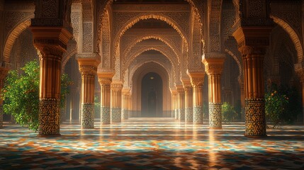 Sunlit Moroccan palace hallway, intricate arches, tiled floor, background mystery