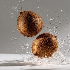 Two Coconuts Floating in Mid-Air Surrounded by Water Splashes Against a Gray Background
