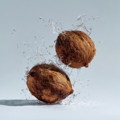 Two Coconuts in Mid Air with Water Splash Against Gray Background