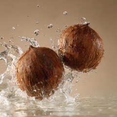 Two Coconuts Surrounded by Water Splash Isolated on a Beige Background Studio Shot