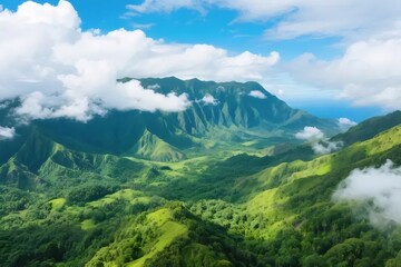 Naklejka premium Lush Green Mountain Range Under Cloudy Blue Sky