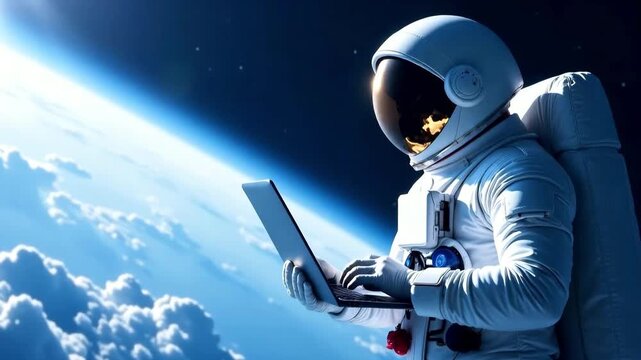 An astronaut in a spacesuit types on a wireless laptop in outer space. Concept of science, using modern technology for space exploration