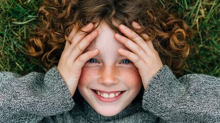A young child covering their face with both hands while sitting in grass outdoors.