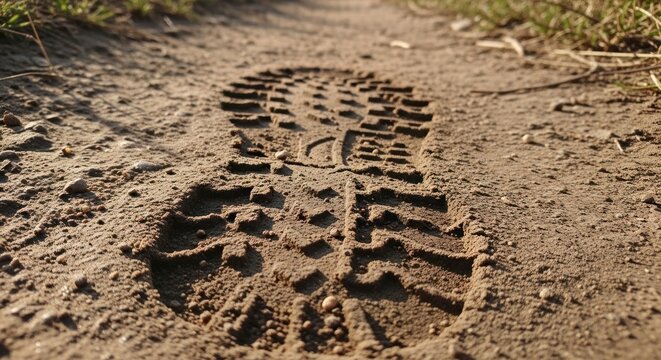 Deep Boot Impression on a Gritty Dirt Trail, a Low-Angle Perspective of a Journey.