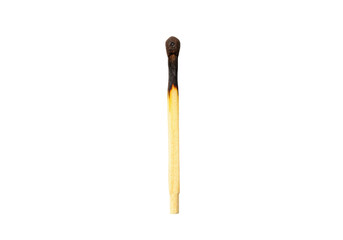 Burnt matchstick isolated on transparent background, used match with charred head and wooden stick for fire safety and conceptual use