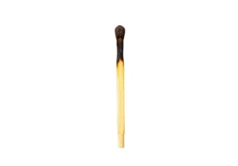 Burnt matchstick isolated on transparent background, used match with charred head and wooden stick for fire safety and conceptual use