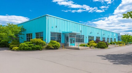 Obraz premium Modern blue industrial building exterior with parking lot, landscaping. Sunny day. Empty parking area in front of large industrial building with light blue facade. Green plants surrounds building.