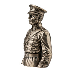 Obraz premium Silver-bronze bust statue of a historical male military officer in detailed uniform, profile view.