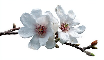 Two Delicate White Magnolias on Branch