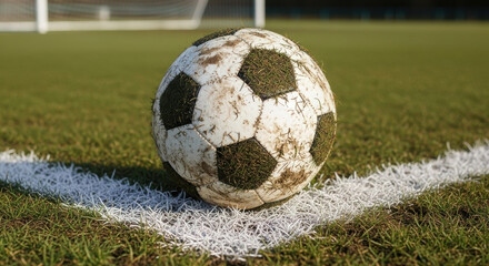 Old muddy soccer ball on the corner line of a field.