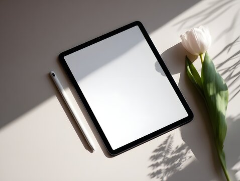 Digital tablet with stylus and white tulip flower on beige surface, creative workspace background for design, planning, or modern technology concept