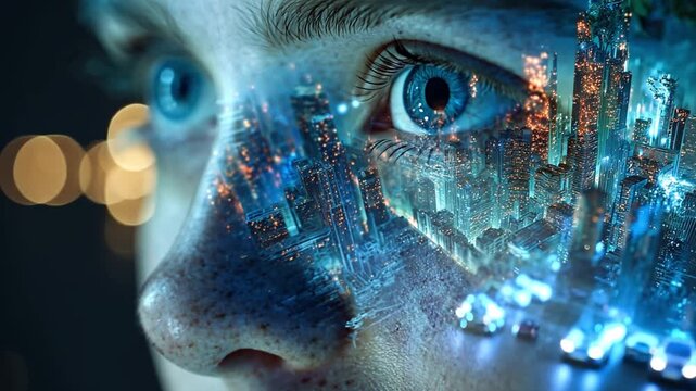 Carbon Footprint, glowing futuristic hologram showing shrinking carbon footprint over eco-friendly city, sustainability achievem..