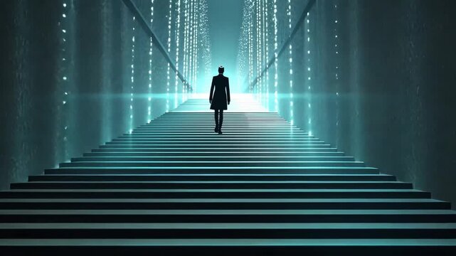 Career Path, employee walking up illuminated futuristic staircase symbolizing professional growth and success, inspirational ton.