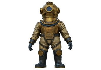 Antique diving suit PNG isolated on transparent background, vintage deep sea diver costume for steampunk and historical themes