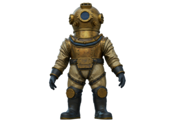 Antique diving suit PNG isolated on transparent background, vintage deep sea diver costume for steampunk and historical themes