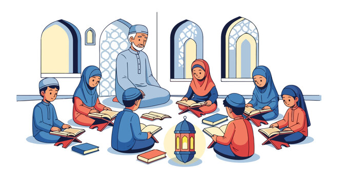 Islamic Children Learning Quran in Traditional Madrassah Classroom with Teacher