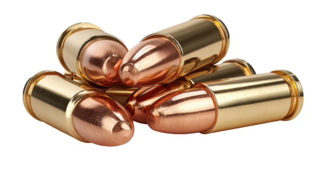 Golden brass bullets ammunition metal projectiles firearm cartridges weapon military defense object isolated on white background