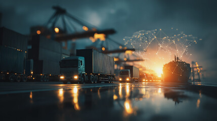 Double exposure of Twilight view of Container truck in ship port for business Logistics and transportation of Container Cargo ship and Cargo plane with working crane bridge with Earth and world map