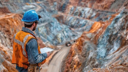 Obraz premium Mine worker in helmet and vest looks down at the open pit holding a clipboard. Use this for industry, natural resources, or environmental impact content.