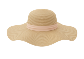 Elegant beige straw sun hat with pink ribbon isolated, summer fashion accessory for sun protection and vacation style PNG