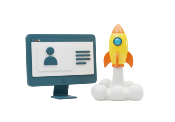 Computer screen with rocket taking off isolated PNG, startup concept for business and technology projects