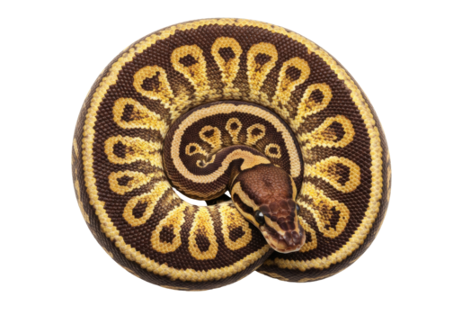 Isolated Ball Python coiled in a circle a nonvenomous constrictor pet reptile with head visible