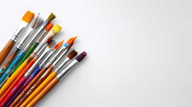 Top view of colorful paintbrushes arranged on white background, art and creativity tools for painting, drawing, design, and artistic inspiration concept