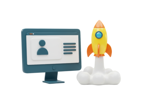 Computer screen with rocket taking off isolated PNG, startup concept for business and technology projects