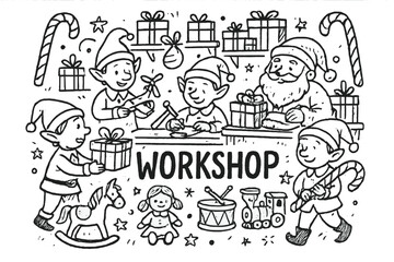 Santa's Workshop Magic. Hand-drawn santa workshop with elves, toys, and candy canes, center word “Workshop” in black and white