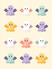Cute Kawaii Seamless Pattern with Ghosts for Halloween