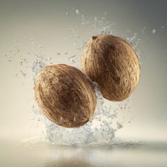 Two Golden Textured Fruits in Water Splashing against a Light Grey Background