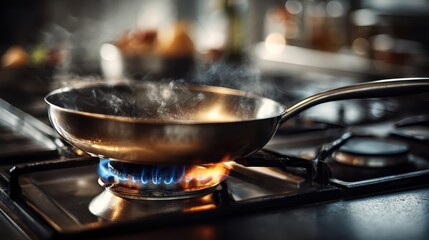Steaming skillet is on the gas stove burner with blue flames under it. Perfect for cooking concepts, food blogs or kitchen safety articles.