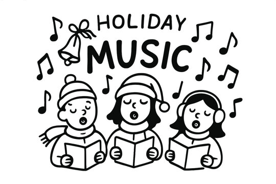 Holiday Carol Doodle. Doodle holiday music with carol singers, notes, and bells, center word “Music” in black and white isolated