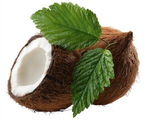 Two Halved Coconuts with Green Leaves