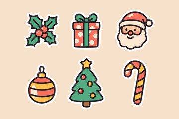 Christmas Holiday Icon Set with Santa Claus, Tree, Gift Box, Candy Cane, Ornament and Holly